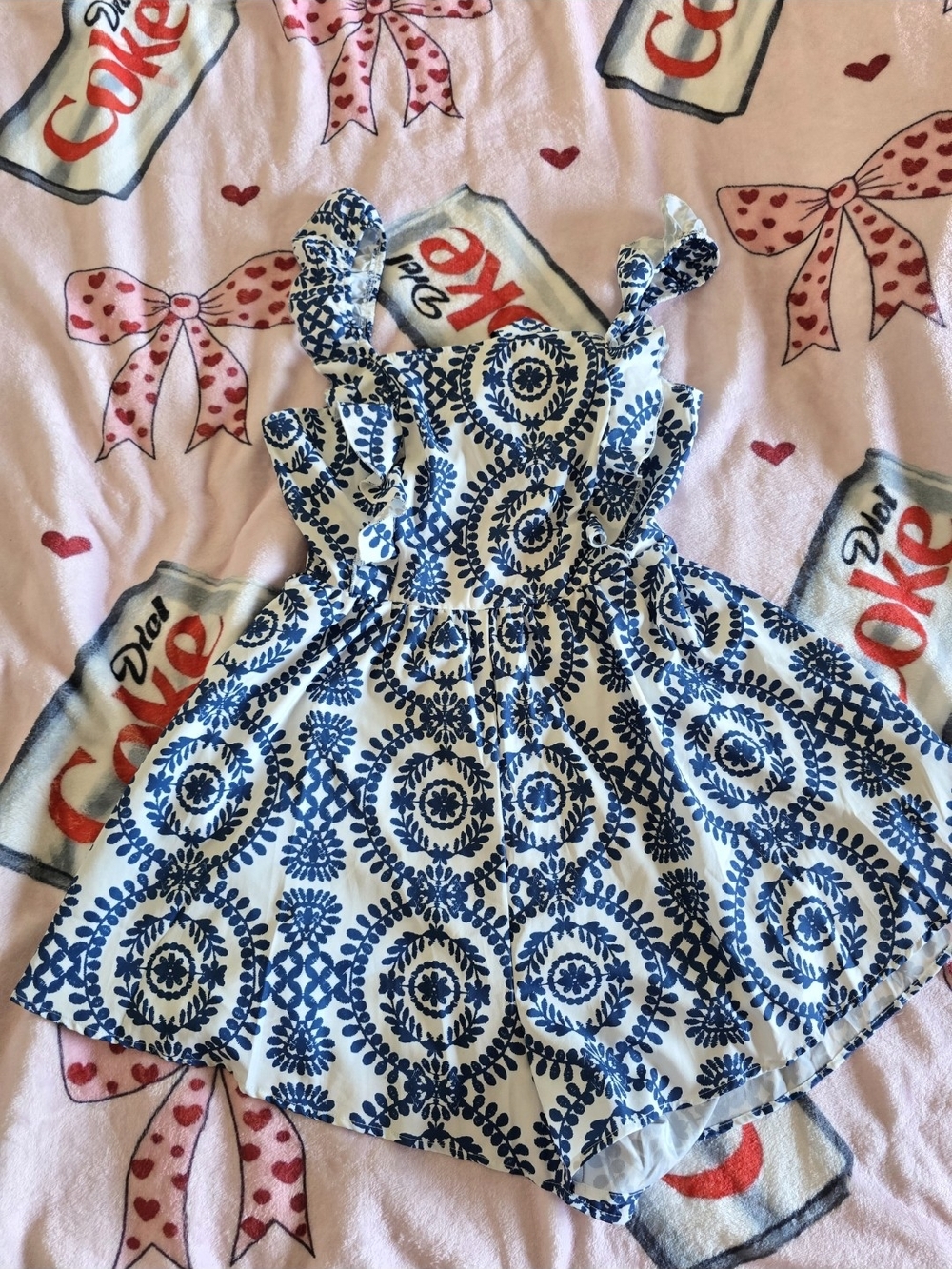 SHEIN Blue and White Patterned Sundress with Tie Straps